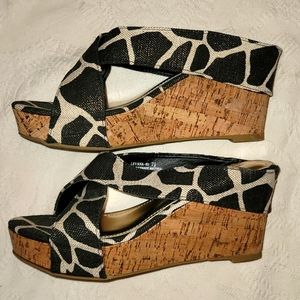 Bamboo wedges animal print black cream cork soles sz 7.5